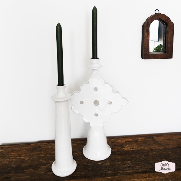 Handmade Moroccan Tamegroute candlesticks, white