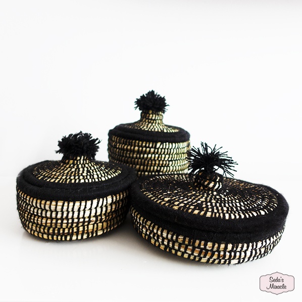 Handmade Moroccan Berber pom baskets, black