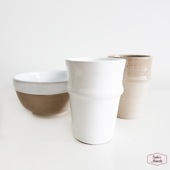 Handmade Moroccan beldi mug, white and sand color and a handmade Moroccan clay bowl