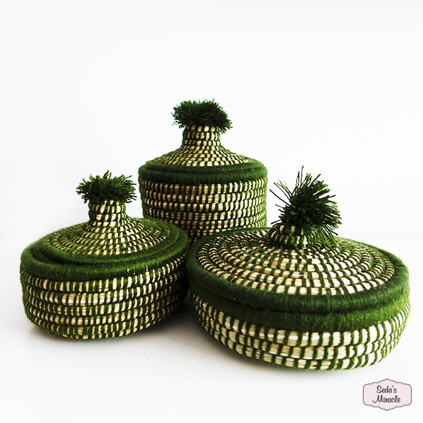Handmade Moroccan Berber pom baskets, green