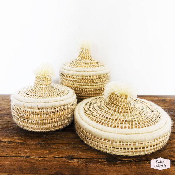 Handmade Moroccan Berber pom baskets, white