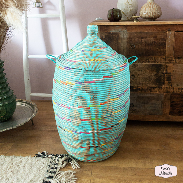 Afrikaanse Moumen wasmand, turquoise met gekleurde strepen, xlarge