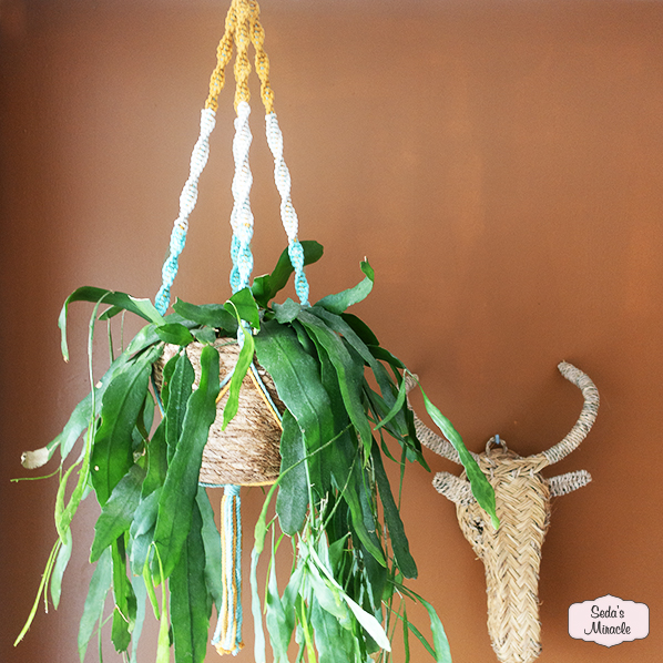 Macramé Elara plantenhanger, okergeel wit turquoise Macramé Elara plantenhanger, okergeel wit turquoise