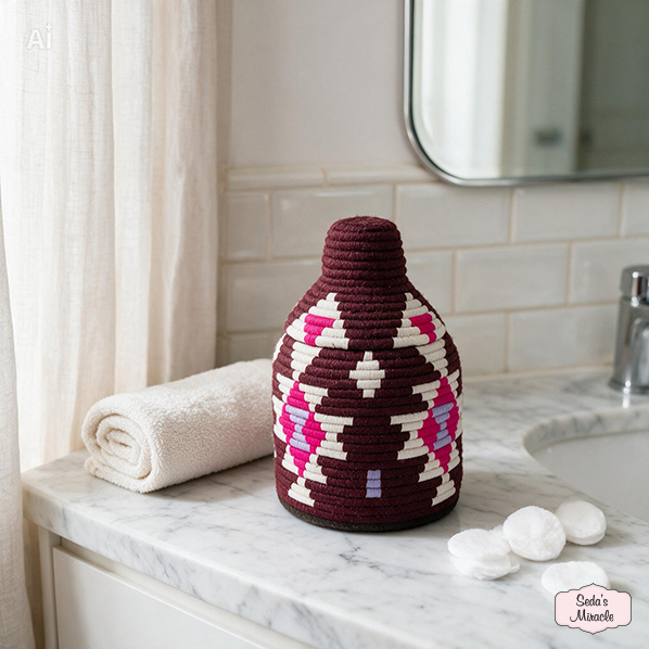Marokkaanse Berber Taliyah mand, bordeauxrood met wit, roze en paars patroon